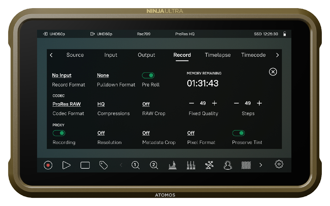 Atomos Ninja Ultra showing the Codec interface, Atomos Ninja Ultra